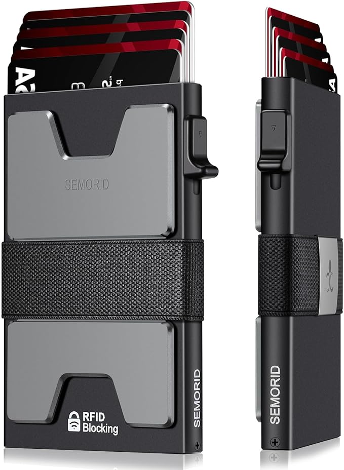 SEMORID Slim Aluminum Card Holder Wallet for Men, Durable Expandable Backplate, RFID Blocking Minimalist Metal Pop Up Wallet, Holds 12+ Cards Plus Cash