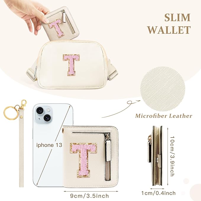 COSHAYSOO Preppy Wallet Gifts for Teen Girls Women Small Wallet RFID Bifold PU Leather Christmas Valentines Easter Mothers Fathers Day Nurse Appreciation Graduation Gifts Chenille Letter T Cream