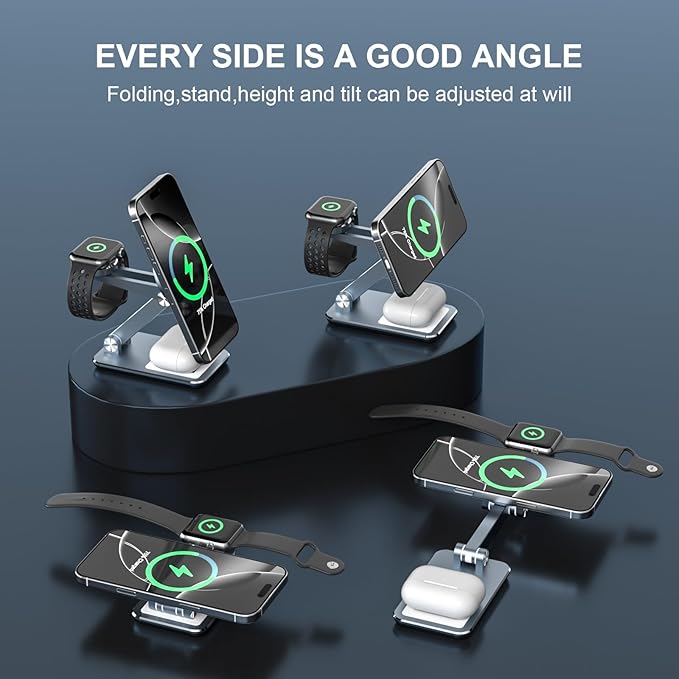 Wireless Charger 3 in 1,Foldable Wireless Charging Station for Apple MagSafe Charger,Aluminum Portable Magnetic Travel Charger Stand for iPhone,Watch,Aipods (with 20W Adapter & Case)