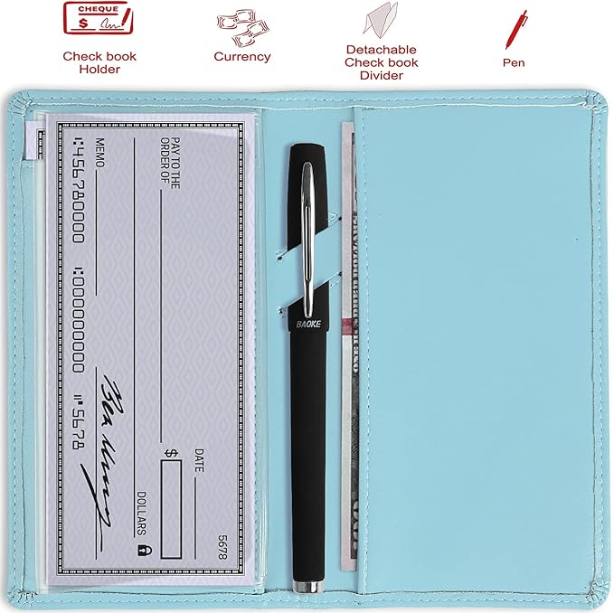 Sanlykate Leather Checkbook Cover for Men and Women, Check Book Case Card Holder with Free Divider, Standard Register Duplicate Checks with pen inserts
