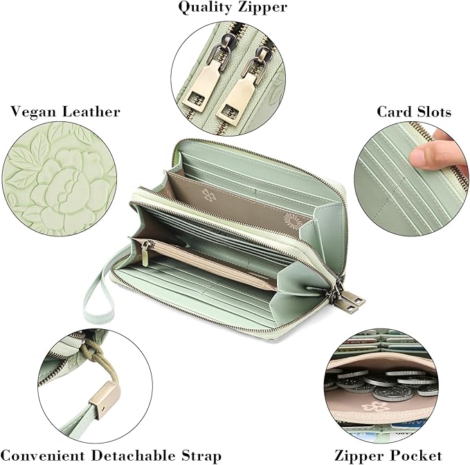 GAEKEAO Wallet for Women Clutch RFID Blocking Wristlet Leather Purse Large Capacity Credit Card Holder with Grip Hand Strap