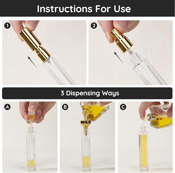 Segbeauty 0.34oz Clear Glass Perfume Atomizer for Travel Refillable Bottle, 5pcs Fine Mist Cologne Spray Bottles with Gold Cap, 10ml Empty Perfume Sprayer with Refill Kit, Small Liquid Containers