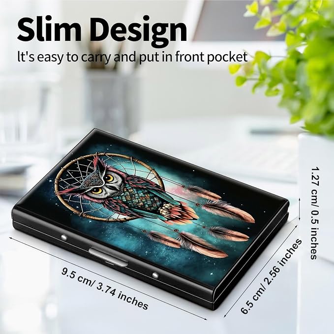Metal Wallet for Women Men Girls, RFID Blocking Slim Aluminum Credit Card Holder, Mini Travel Wallet with Hard Shell, Lightweight ID & Business Card Case,Owl Dream Catcher