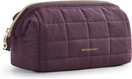 BAGSMART Puffy Padded Travel Makeup Bag, Wide-open Toiletry Bag, Burgundy Red