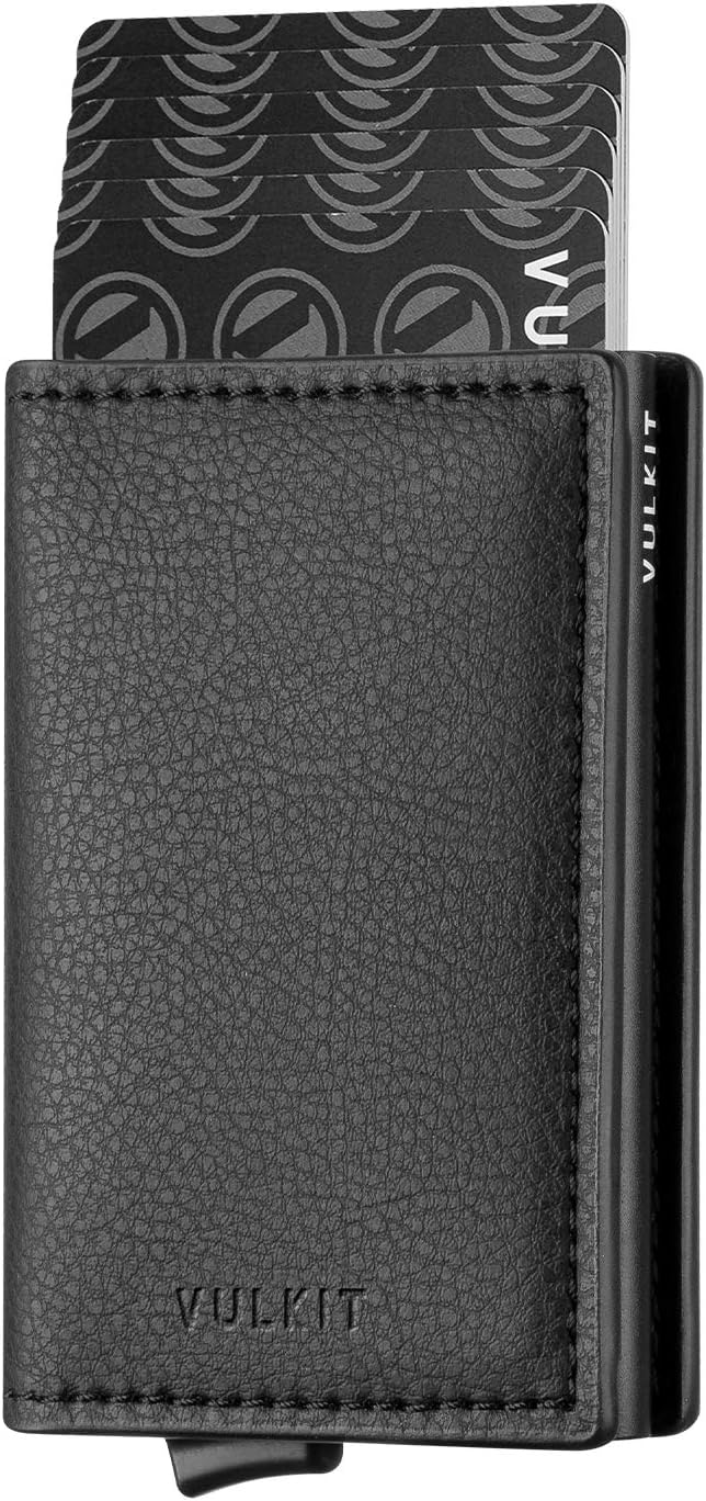 VULKIT Credit Card Holder RFID Blocking Leather Automatic Pop Up Wallet Aluminum Pocket Business Card Case