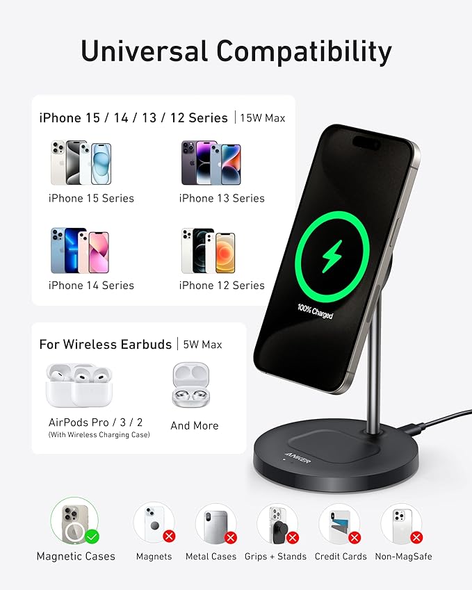Anker MagSafe Compatible MagGo Charger Stand, iPhone 17 Wireless Charger, 2-in-1 Charging Station, Qi2 Certified 15W Fast Charging, for iPhone 17/16/15/14/13/12, AirPods Pro (40W Adapter Included)