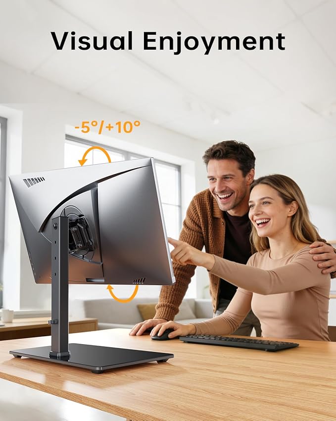 Single Monitor Stand, FreeStanding Desk Stand for 13-32 inch Screens, VESA Mount Monitor Riser with Swivel, Tilt, Rotation, 4 Height Options, Tempered Glass Base, Max Load 77lbs VESA 75x75mm-100x100mm
