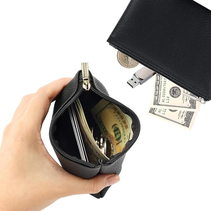 2 Pack Leather Zipper Coin Purse, Portable PU Leather Coin Purse,Mini Coin Pocket Pouch Change Holder, Coin Pouch with Zipper for Men Women Headset Credit Card ID Key Lipstick (Black&Purple)