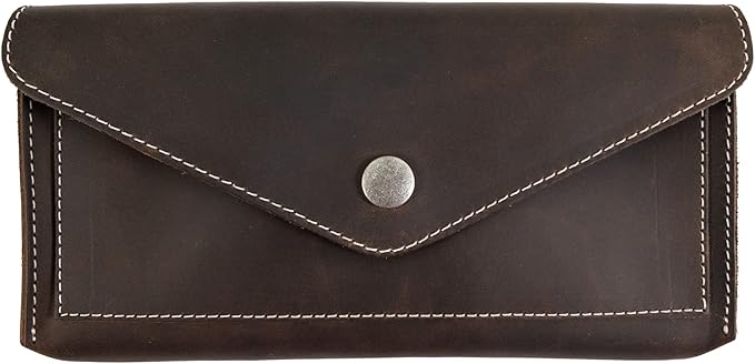 Hide & Drink, Full Grain Leather Large Female Wallet, Travel Organizer for Women, Vintage Money and Card Holder, Handmade, Bourbon Brown/White Stitching