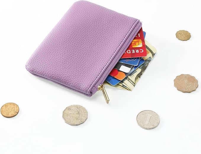 Chelmon PU Leather Coin Purse Pouch Change Holder Small With Zipper for Men Women 2 PCS Set (Black&Purple)