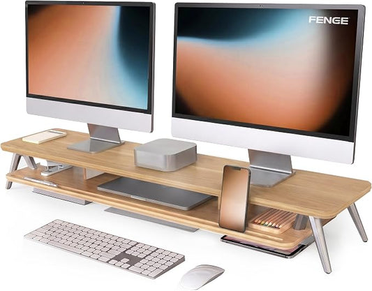 Fenge Dual Monitor Stand, Monitor Stands Riser for 2 monitors, 42.5 Inch Wood Desk Shelf with Storage Organizer and Cable Management for Office Desk Accessories