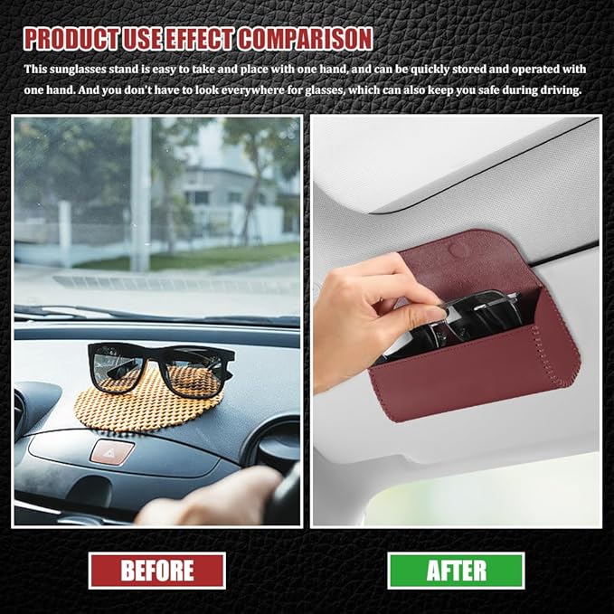 Sunglasses Holder for Car Sun Visor, Leather Auto Eyeglasses Storage Case with Hidden Magnetic Closure, Universal Protective Glasses Organizer Box, Visor Accessories for Woman Man (Wine red)