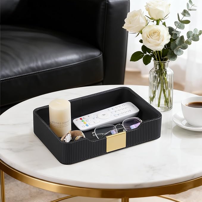 Valet Tray Desktop Storage Organizer, PU Leather Catchall Bedside Vanity Tray with Brass Accents Block Nightstand Organizer for Keys Watch Wallet Phone, Decorative Nightstand Storage (Black)