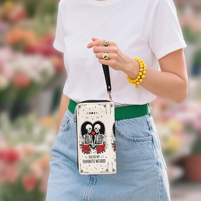 Gothic Romance Skull Wallets for Women - Slim PU Leather Womens Wallet with Cash Zipper Coin Purse, Small Credit Card Holder Travel Wallet, Wristlet Wallets for Female Ladies Purse (Dark Humor Gift)