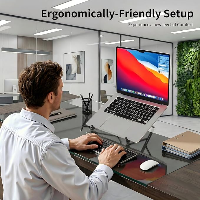 Adjustable Laptop Stand for Desk with Magnetic Phone Holder, MagSafe Compatible Portable Foldable Computer Riser for MacBook, iPhone, iPad, Tablet - Perfect for Office, Home, Traveling (black)