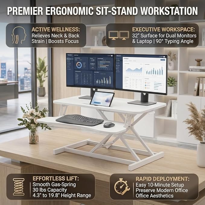 32 Inch Height Adjustable Stand Up Desk Riser, Heavy Duty Computer Workstation with Removable Keyboard Tray - Ergonomic Design for Home Office Workshop Gaming, Spacious Platform(White)
