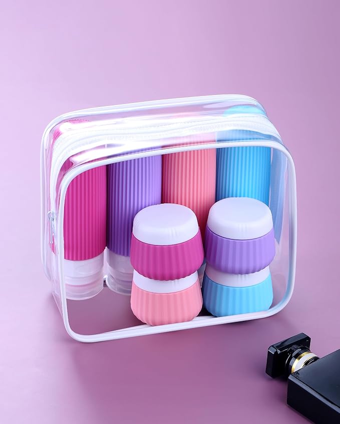 Mrsdry Travel Bottles for Toiletries 8 Pack, Tsa Approved Travel Size Toiletries 3 oz, Travel Containers for Toiletries, with Clear Bag, Leak Proof Silicone Squeezable Travel Essentials Creams Jars