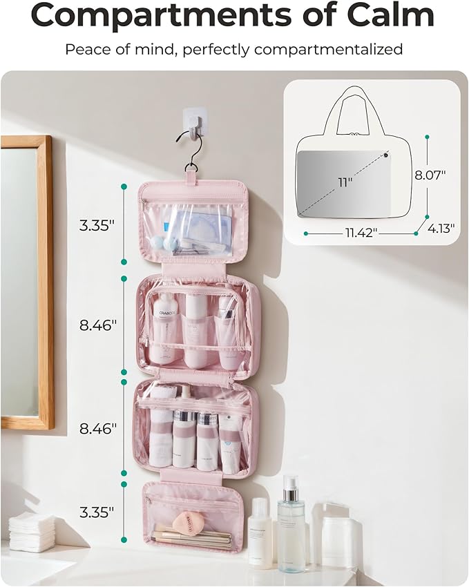 BAGSMART Travel Toiletry Bag for women, Portable Hanging Hook Makeup Bag Organizer, Waterproof Makeup Cosmetic Bag, for Full-Size Accessories, Toiletries, Dusty Rose