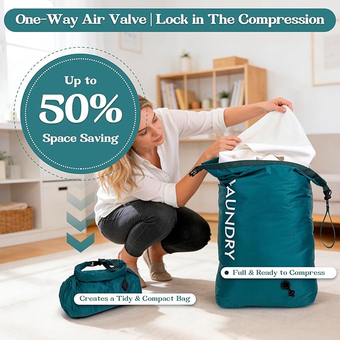 Travel Laundry Bag, Vacuum Compression Dirty Clothes Travel Bag, Waterproof Wet/Dry Space-Saving Laundry Storage Organizer, Smell Proof Storage Bag for Clothing, Swimming, Yoga, Gym, Camping