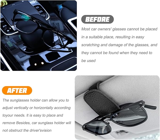 zipelo Sunglasses Holders for Car Sun Visor, 2PCS Magnetic Leather Vehicle Glasses Hanger Clip for Ticket Card, Auto Interior Eyeglass Organizer Accessories, Universal for SUV Sedan Truck (Black)
