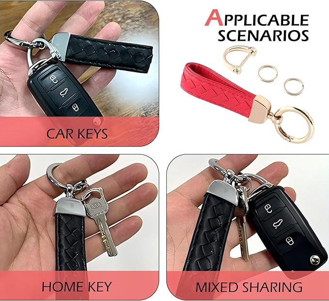 Car Keys Keychain, Leather Key Chain, Red Leather Wristlet Keychain with 2 Key Ring andAnti-Lost D-Ring, Keyfob holder for Women Men (Red)
