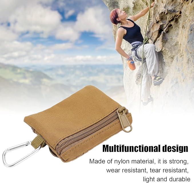 EDC Pocket Pouch, Mini Molle Pouch Wallet Tactical Keychain Pouches Multi Function Carabiner Gadget Utility Organizer Key Card Case Zipper Portable Military Outdoor Bag Tactics Waist(Brown)
