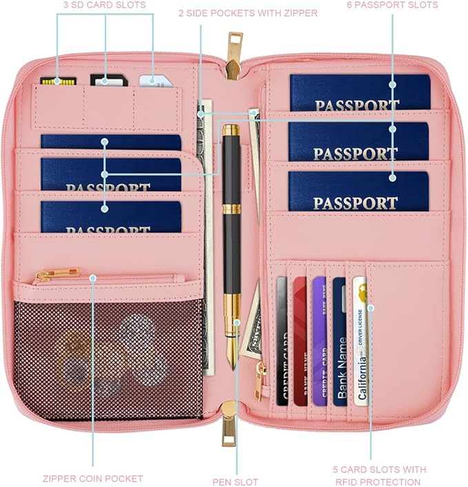 Family Passport Holder Wallet RFID Blocking Document Organizer PU Leather Mulit-purpose Travel Wallet Credit Cards Case for Women Men,Red Marble
