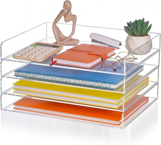 Harloon 4 Tier Acrylic Paper Tray, 13 x 10 x 1.7 Inches, Heavy Duty Stackable Organizer for A4/letter Paper, No Assembly Required, Transparent Acrylic File Storage for Office Workspace Desktop Storage