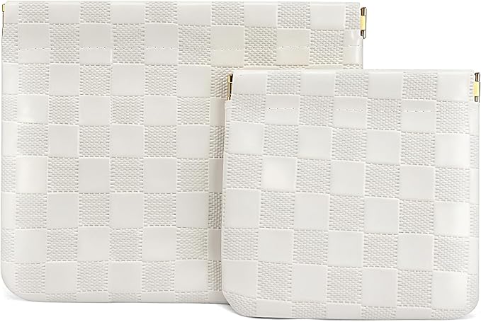 2 PCS Ladies Small Makeup Bag for Purse,Coin Purse Lipstick Cosmetic Accessories Organizer,Travel Pouch,Waterproof No Zipper Self-closing Small Makeup Pouch(White checkerboard)