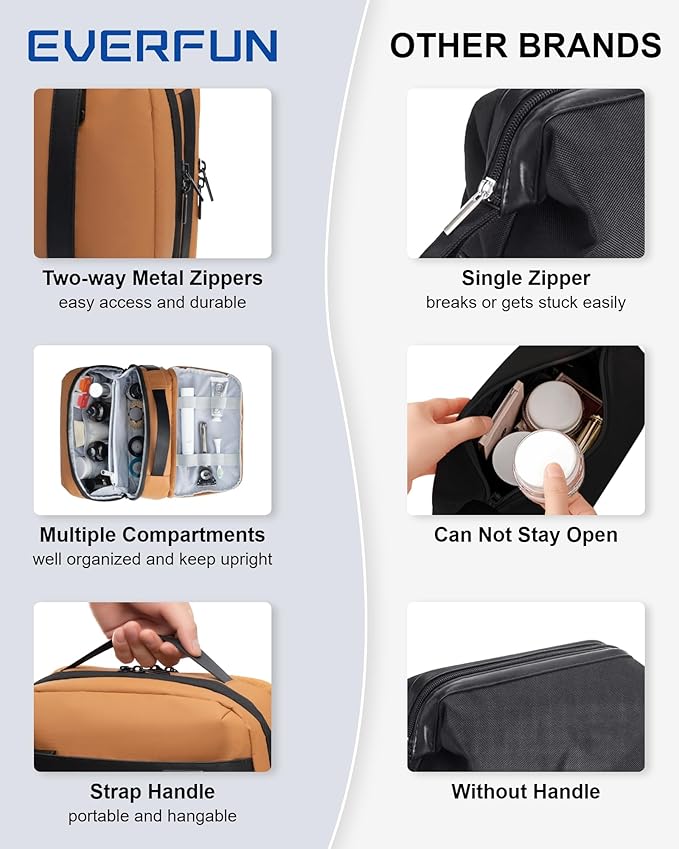 Everfun Compact Toiletry Bag for Men and Women Traveling, Wide Open Shaving Dopp Kit, Water Resistant Makeup Organizer Hygiene Bag with Wet Dry Compartment - Black, Medium
