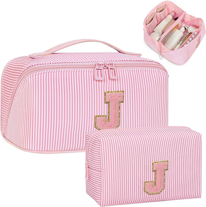Initial Makeup Bag, Portable Water-resistant Monogram Cosmetic Bag Set, Travel Toiletry Bag with Brush Holder, Personalized Gifts for Friend Teacher Mom Wife, Pink J