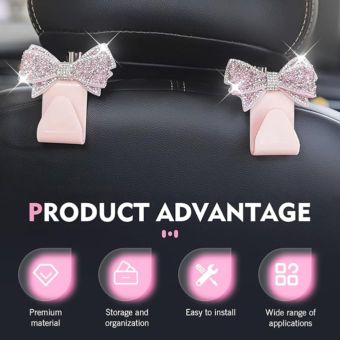 2 PCS Bling Bow Car Headrest Hook, Diamond Sparkling Invisible Seat Headrest Hooks, Vehicle Storage Organizer with Butterfly Bow Vent Clip for Purses, Bags, Groceries (Pink)