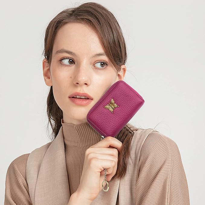 imeetu RFID Credit Card Holder for Women Genuine Leather Card Case Wallet with Zipper and Removable Keychain (Fuchsia)