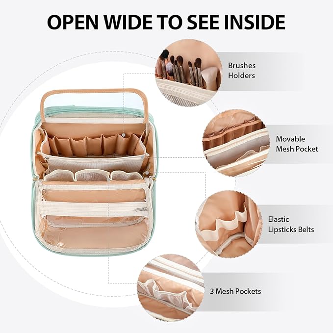 Standing Makeup Bag, Large Capacity with Room for Brushes and Mirror, Travel Makeup Organizer, Portable Stand Up Make Up Case, Waterproof Cosmetic Toiletry Bags with Handle, Color Sage Green