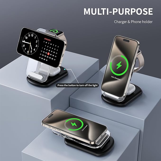 2026 Traveling Wireless Mag-Safe Fast Charging Station,Magnetic 3 in 1 Charger with Light for iPhone 17 16 15 14 13 12 Pro Max Plus,Apple Watch & Air pods 4 3 2 Pro-Gifts for Wife & Husband(Black)