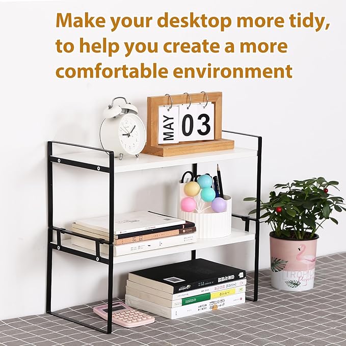 Desk Shelf Organizer for Top of Desk, Detachable 2 Tier Desktop Bookshelf, Wooden Desk Shelves Storage Rack, Small Desktop Shelf for Office Home Dorm, Tabletop Desk Organizer Stand (White+Black)