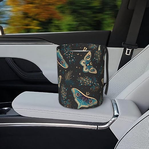 Car Garbage Bag Boho Butterflies Stars Mini Car Trash Bin Portable Collapsible Waterproof Rubbish Bag for Car Accessories Back Front Seat Cup Holder