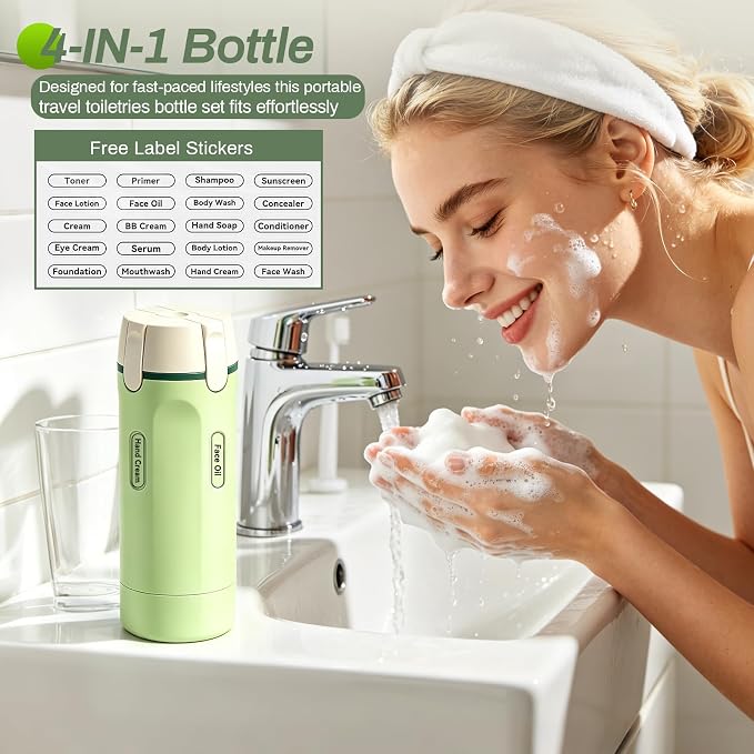 4 in 1 Travel Dispenser Bottle, 4 Pack 30ML Travel Bottles for Toiletries, 4 in 1 Travel Dispenser with Label, Leakproof & TSA Approved Portable Containers for Shampoo Lotion Conditioner Cream