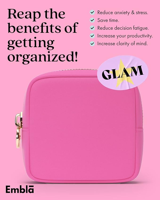 Embla Small Makeup Bag for Purse, Mini Waterproof Nylon Cosmetic Pouch, Durable and Lightweight Travel Toiletry Bag with Smooth Zipper, Hot Pink