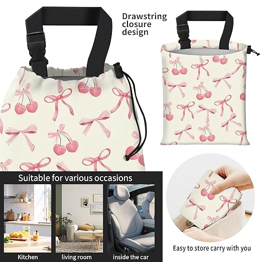 Car Trash Bag Large Hanging Can for Back of Seat, Cute Waterproof Car Garbage Bag for Vehicle, Travelling, Outdoor Cute Pink Cherry Bow