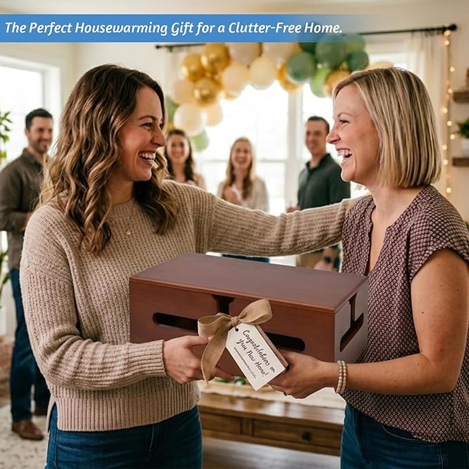 SwallowLiving Large Wooden Cable Management Box with Lid - Solid Pine Cord Organizer for Desk & TV - Rustic Farmhouse Wire Hider for Power Strip, Tall Concealer for Bulky Adapters, Pet Safe, Brown