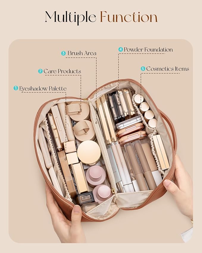 VLANDO Makeup Bag,Travel Toiletry Bag,Cosmetic Bag for Women PU Leather Portable Make up Bag for Skincare, Brushes & Travel Essentials-Brown
