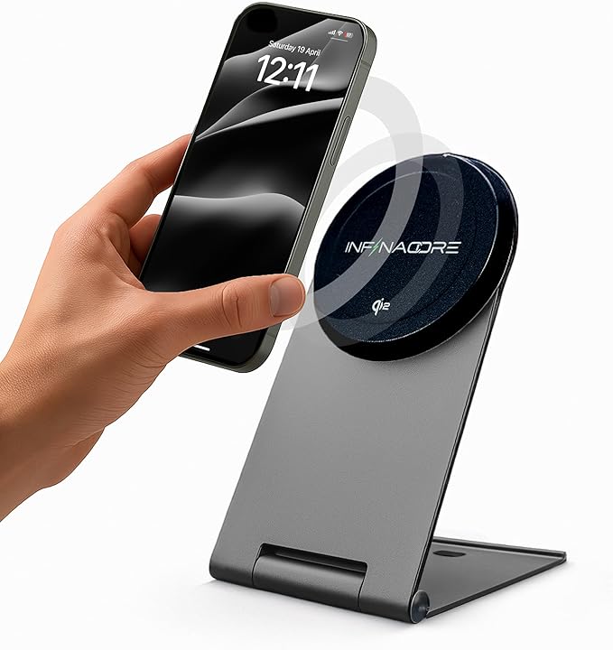 InfinaCore Magnetic Wireless Charger Stand for Apple Devices, iPhone, AirPods - Durable-Build Fast Charging Stand - Qi2 Certified Bedside Phone Charger Station Compatible with MagSafe - 15W
