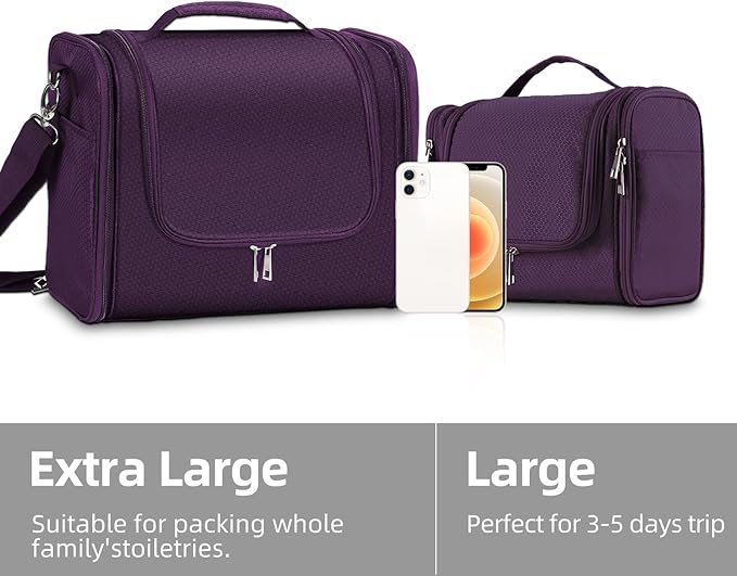 Buruis Extra Large Toiletry Bag for Women and Men, Hanging Travel Bag with Detachable Shoulder Strap for Full-Sized Toiletries, Water-Resistant Dopp Kit for Family Use and Long Trips, Purple