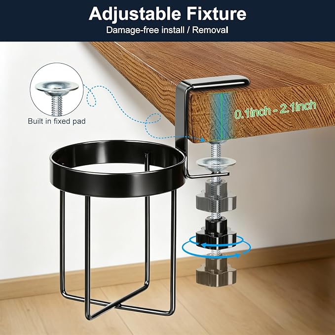 MYITYARD Desk Cup Holder Clamp, Anti-Spill Clip On Table Cup Holder, Rotatable Water Bottle Stand Drink Coffee Mug Storage, Office Accessories for Home and School (Black)