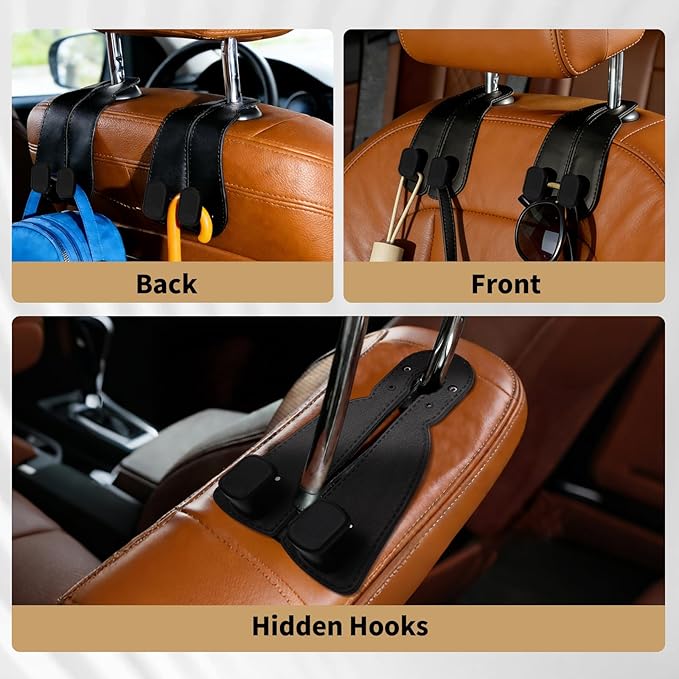 4 Pack Headrest Hooks for Car, Leather Car Seat Back Storage Hooks, Car Purse Holder for Purses and Handbags
