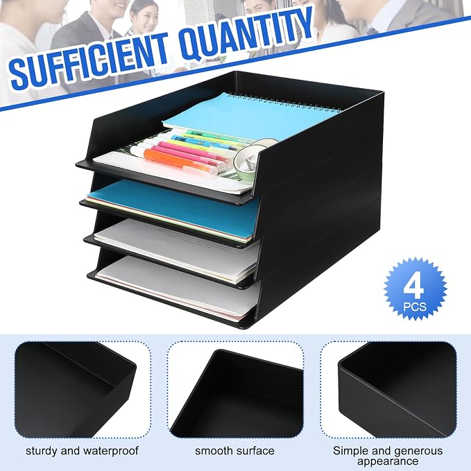 Wenqik 4 Pcs Stackable Paper Trays Rectangular Plastic Desk Holder Desktop Document File Organizer Storage Letter for Office Classroom (Black)