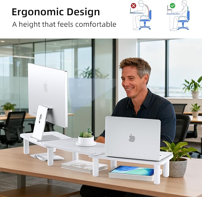 AFOOYO Dual Monitor Stand For Desk,Adjustable Height Long Wood Computer Riser For Computer,Laptop,Printer,TV,White