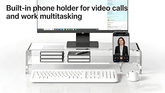 Larger Acrylic Monitor Stand - 20 inch 2 Tier Riser for iMac, PC, Desktop, Laptop, TV with Storage Shelf, Home Office Desk Organizer (20in with phone holder)
