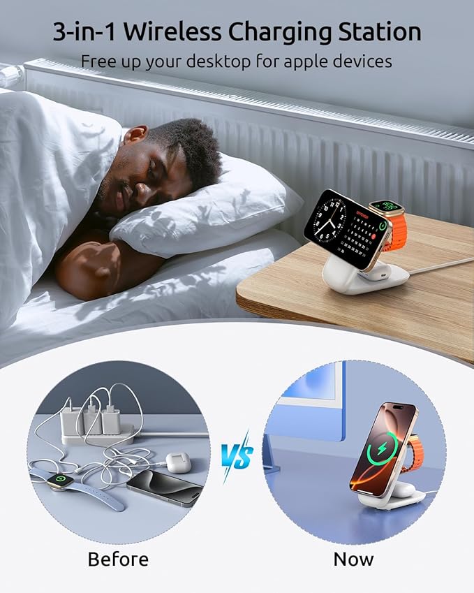 3-in-1 Wireless Charging Station for MagSafe,Foldable Magnetic Stand for iPhone 17/16/15-12 Series, Apple Watch/AirPods,Fast Charger for Qi Phones - Ideal for Home/Office/Travel (White, Normal)